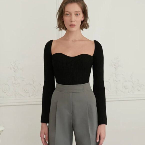 PIXIE MARKET Chiara Knit Bustier Long Sleeve Sweater Top in Black XS - Picture 1 of 6